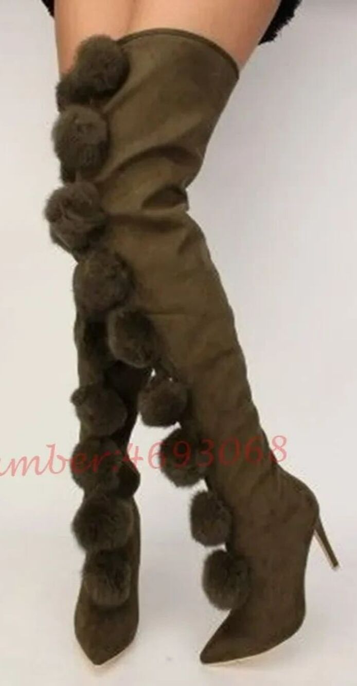 New Cape Robbin GiGi Pom Pom Over The Knee High Heel Boots Olive Army Green 8M